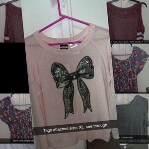 Pink bow long sleeve sew through shirt